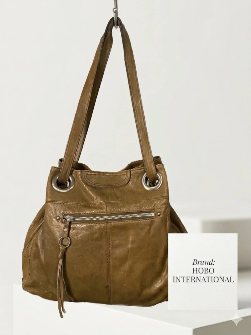 Hobo International Leather Shoulder Bag Olive Green Hobo Silver Hardware Tassel